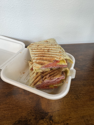 HAM + SALAMI + PEPPERONI + CHEESE + BANANA PEPPERS ON GARLIC & HERB TORTILLA
